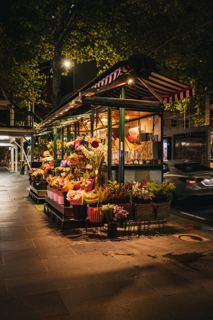 A night-time street scene featuring a well-lit flower stall with a black and white striped canopy, displaying a vibrant assortment of fresh flowers including pink roses, white lilies, purple irises, a
